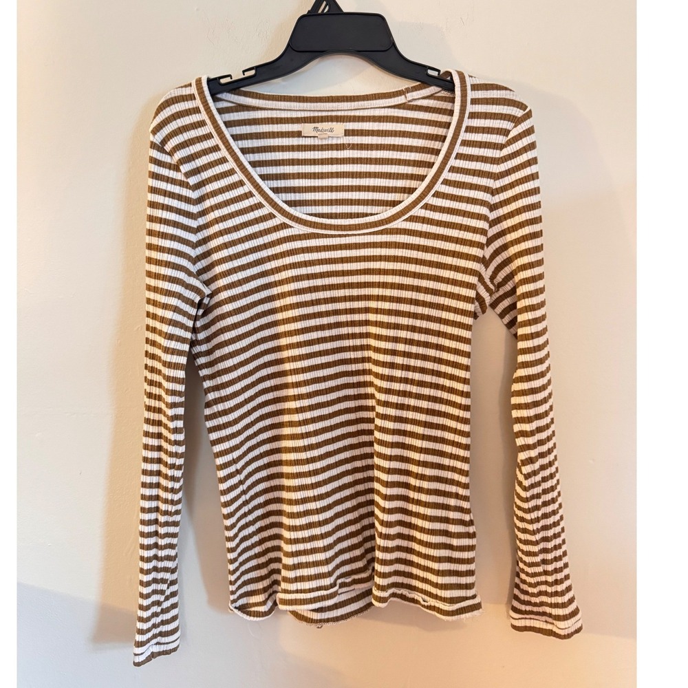 Madewell Striped Ribbed Scoop Neck Long Sleeve Tee Brown White XL CKP459353693